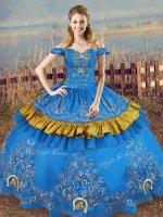 Extravagant Satin Off The Shoulder Sleeveless Lace Up Embroidery Quinceanera Gown in Blue