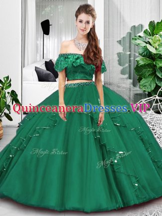 Latest Floor Length Two Pieces Sleeveless Dark Green Quinceanera Dresses Lace Up