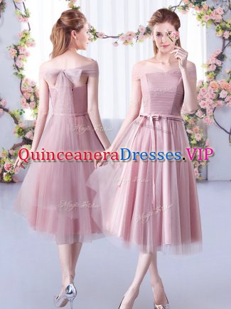 Hot Selling Pink Damas Dress Wedding Party with Belt Off The Shoulder Sleeveless Lace Up