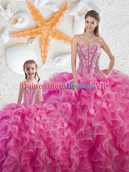Hot Pink Ball Gowns Organza Sweetheart Sleeveless Beading and Ruffles Floor Length Lace Up Ball Gown Prom Dress - Click Image to Close