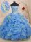 With Train Blue Quinceanera Gown Organza Brush Train Sleeveless Beading and Ruffles