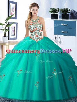 Classical Halter Top Sleeveless Tulle Floor Length Lace Up Vestidos de Quinceanera in Turquoise with Embroidery and Pick Ups