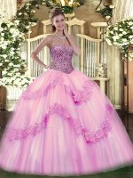 Excellent Pink Ball Gowns Tulle Sweetheart Sleeveless Beading and Appliques and Ruffles Floor Length Lace Up Quinceanera Gowns