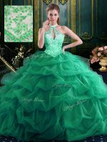 Super Halter Top Organza and Tulle Sleeveless Floor Length Quince Ball Gowns and Beading and Ruffles and Pick Ups