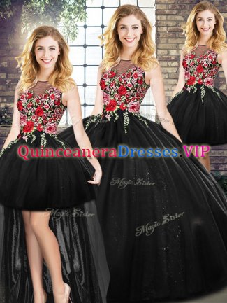 Traditional Sleeveless Floor Length Zipper Quinceanera Dresses in Black with Embroidery