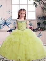 Yellow Little Girls Pageant Dress Wholesale Party and Military Ball and Wedding Party with Beading Scoop Sleeveless Lace Up