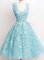 Chic Aqua Blue A-line Straps Sleeveless Lace Knee Length Zipper Lace Dama Dress