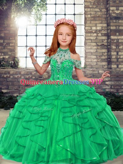 High-neck Sleeveless Pageant Dress for Girls Floor Length Beading and Ruffles Turquoise Tulle - Click Image to Close