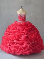 Fitting Coral Red Ball Gowns Beading and Pick Ups Vestidos de Quinceanera Lace Up Sleeveless Floor Length(SKU PSSW0917-9BIZ)