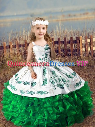 Green Straps Neckline Embroidery and Ruffles Little Girls Pageant Dress Sleeveless Lace Up