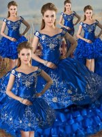 Royal Blue Satin Lace Up Off The Shoulder Sleeveless Floor Length Ball Gown Prom Dress Embroidery and Ruffled Layers(SKU XBQD162TZA3BIZ)