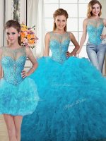 On Sale Three Piece Scoop Sleeveless Tulle Floor Length Lace Up Ball Gown Prom Dress in Baby Blue with Beading and Ruffles