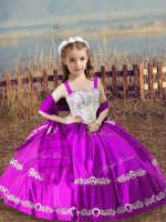 Dramatic Fuchsia Ball Gowns Satin Straps Sleeveless Beading and Embroidery Floor Length Lace Up Custom Made Pageant Dress