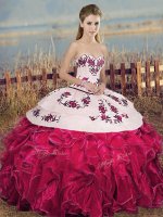 Lovely Floor Length Fuchsia Sweet 16 Quinceanera Dress Organza Sleeveless Embroidery and Ruffles and Bowknot