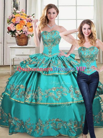 Aqua Blue Sleeveless Floor Length Embroidery and Ruffled Layers Lace Up Quinceanera Gowns - Click Image to Close