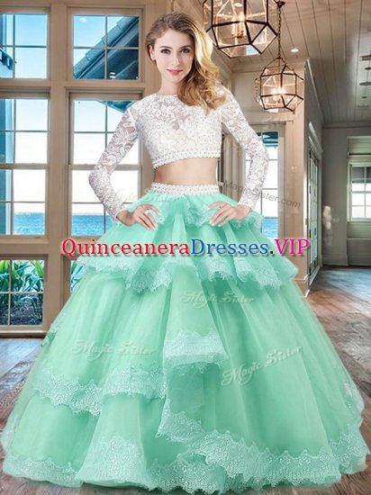 Scoop Long Sleeves Zipper Floor Length Beading and Lace and Ruffled Layers Quinceanera Gowns - Click Image to Close