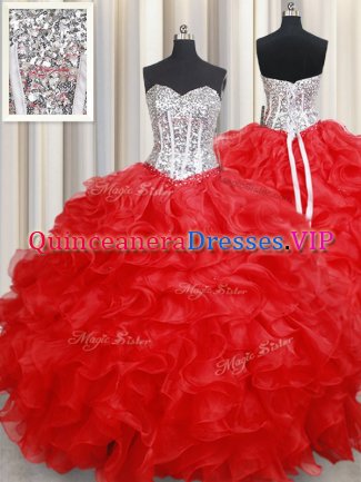 Nice Red Lace Up 15 Quinceanera Dress Beading and Ruffles Sleeveless Floor Length