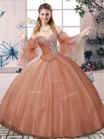 Classical Sleeveless Tulle Floor Length Lace Up 15th Birthday Dress in Rust Red with Beading