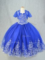 Royal Blue Ball Gowns Spaghetti Straps Sleeveless Tulle Floor Length Lace Up Beading and Embroidery Pageant Dress for Girls