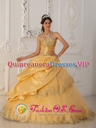 Fishponds Avon Gorgeous Gold Quinceanera Dress In New York Lace Strapless Floor-length Taffeta and Tulle Ball Gown