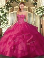 Free and Easy Floor Length Hot Pink Quinceanera Gowns Tulle Sleeveless Beading and Ruffles(SKU SJQDDT1508002-3BIZ)