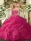 Free and Easy Floor Length Hot Pink Quinceanera Gowns Tulle Sleeveless Beading and Ruffles