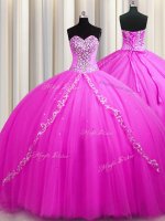 Sweep Train Sleeveless Tulle Floor Length Lace Up 15th Birthday Dress in Rose Pink with Beading