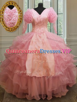 Fantastic Baby Pink Zipper V-neck Beading and Embroidery and Ruffled Layers Quinceanera Dresses Organza Half Sleeves