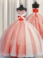 High Quality Floor Length Lace Up Ball Gown Prom Dress Orange Red for Military Ball and Sweet 16 and Quinceanera with Beading and Sequins and Ruching