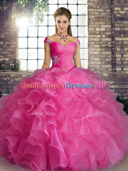 Cute Rose Pink Ball Gowns Beading and Ruffles Sweet 16 Dress Lace Up Organza Sleeveless Floor Length - Click Image to Close
