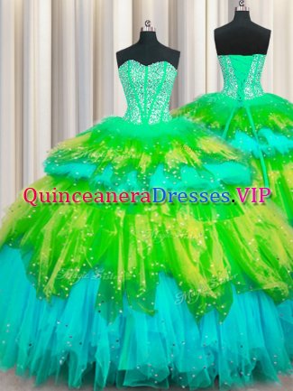 Bling-bling Visible Boning Multi-color Sweetheart Lace Up Beading and Ruffles and Ruffled Layers and Sequins Ball Gown Prom Dress Sleeveless