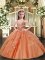Peach Ball Gowns Tulle Straps Sleeveless Beading Floor Length Lace Up Pageant Gowns For Girls