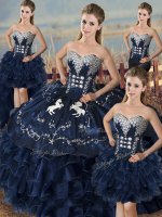 Suitable Navy Blue Sleeveless Floor Length Embroidery and Ruffles Lace Up Quinceanera Gown