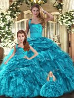 Teal Lace Up Sweet 16 Dress Ruffles and Pick Ups Sleeveless Floor Length