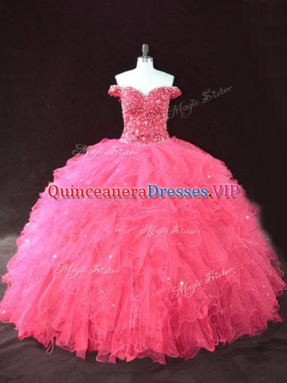 Hot Pink Ball Gowns Beading and Ruffles Quinceanera Dress Lace Up Tulle Sleeveless Floor Length - Click Image to Close