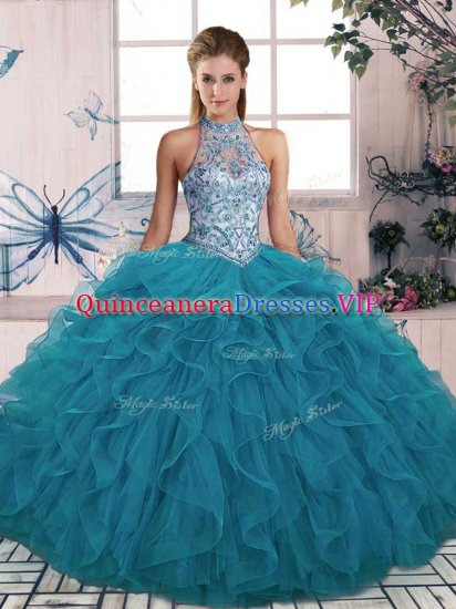 Nice Teal Tulle Lace Up Halter Top Sleeveless Floor Length Ball Gown Prom Dress Beading and Ruffles - Click Image to Close