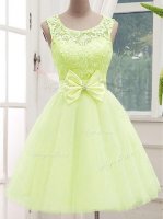 A-line Damas Dress Yellow Green Scoop Tulle Sleeveless Knee Length Lace Up