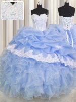 Sweetheart Sleeveless Ball Gown Prom Dress Floor Length Beading and Appliques and Ruffled Layers Light Blue Organza(SKU PSSW0450-1BIZ)