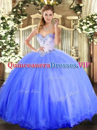 Top Selling Blue Sleeveless Floor Length Beading Lace Up Sweet 16 Dress