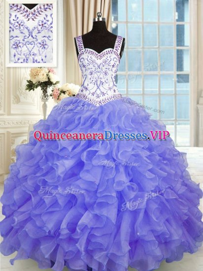 Inexpensive Sweetheart Sleeveless 15 Quinceanera Dress Floor Length Beading and Appliques and Ruffles Purple Organza - Click Image to Close