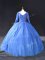 Traditional Blue Lace Up Quinceanera Gowns Lace and Appliques Long Sleeves Floor Length