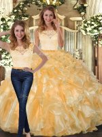 Gold Two Pieces Organza Scoop Sleeveless Lace and Ruffles Floor Length Clasp Handle Sweet 16 Quinceanera Dress