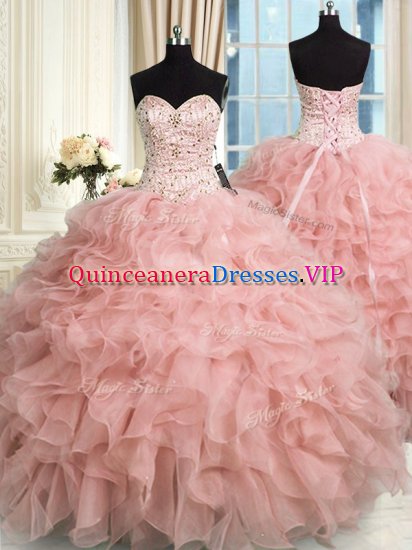 Baby Pink Sweetheart Neckline Beading and Ruffles Quinceanera Gown Sleeveless Lace Up - Click Image to Close