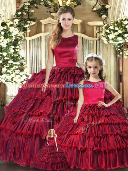 Wine Red Sleeveless Organza Lace Up Sweet 16 Dress for Military Ball and Sweet 16 and Quinceanera - Click Image to Close