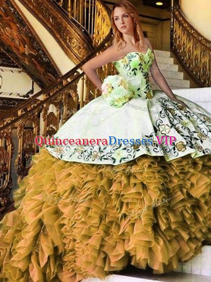 Fantastic Yellow And White Sweetheart Neckline Appliques and Embroidery Quinceanera Gown Sleeveless Lace Up - Click Image to Close
