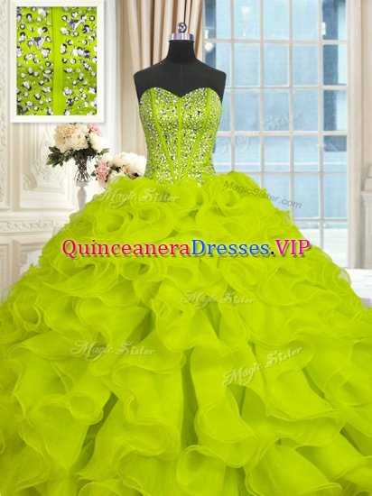 Beautiful With Train Yellow Green Sweet 16 Dress Organza Brush Train Sleeveless Beading and Ruffles - Click Image to Close