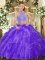 Simple Purple Halter Top Criss Cross Beading and Ruffles Quinceanera Gowns Sleeveless