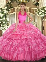 Sleeveless Floor Length Ruffled Layers and Pick Ups Lace Up Quince Ball Gowns with Rose Pink