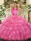 Sleeveless Floor Length Ruffled Layers and Pick Ups Lace Up Quince Ball Gowns with Rose Pink