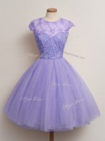 Cap Sleeves Tulle Knee Length Lace Up Dama Dress for Quinceanera in Lavender with Lace